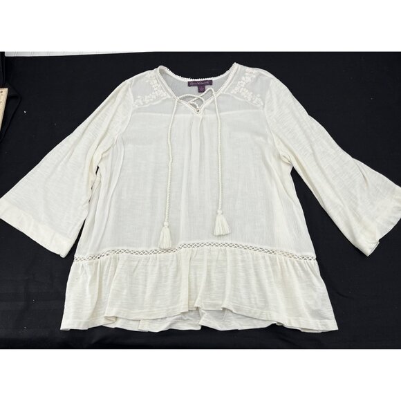 Gloria Vanderbilt Womens Peasant Blouse L Lace Trim Bell Sleeves Cotton Modal Bl - Picture 1 of 8